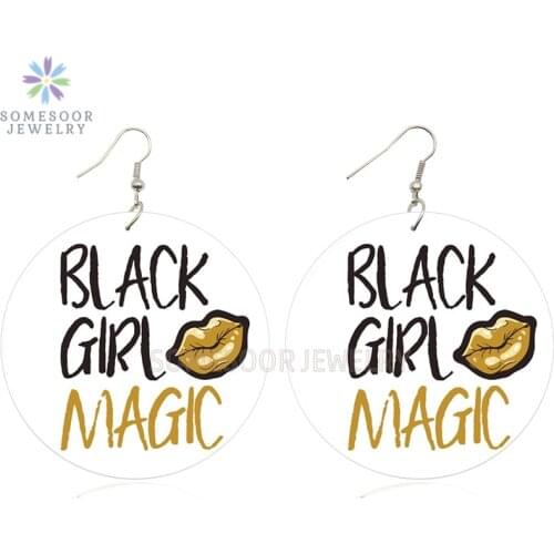 SOMESOOR Both Sides Printing Black Girl Magic Natural Wooden Earrings African Sayings Design Wood Dangle Jewelry For Women Gifts