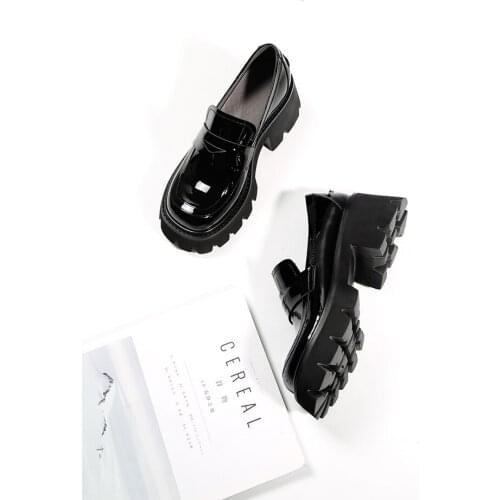 GUIDIBASIC Genuine Cow Leather Loafers Women Shoes Mid Heel Square Toe Ladies Casual Patent Leather Platform Shoes For Women