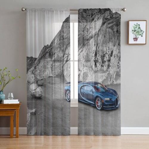 Retro Blue Racing Car Landscape Window Curtains Bedroom Modern Drape Sheer Tulle Valances Living Room Kitchen Voile Curtain