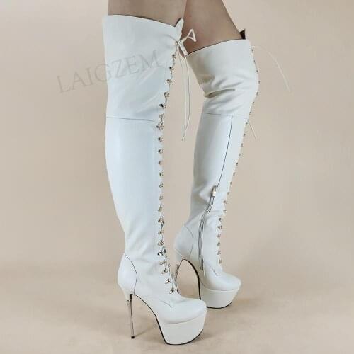 LAIGZEM Women Over Knee Platfrom Boots Beige Ajustable Lace Wide Calf Friendly Metal Stiletto Heels Boots Shoes Woman Size 42 43