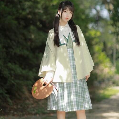 'Xiao Xiang' Original Design Womens Chinese Hanfu Style White Blouse & Mint Green Plaid Checks Jumper Dress & Beige Cardigan