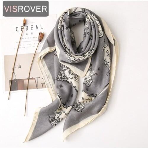 VISROVER 2021 square grey letter printing viscose summer scarf Fashion dot Wraps Spring cloud Shawls greyHijab gift wholesales