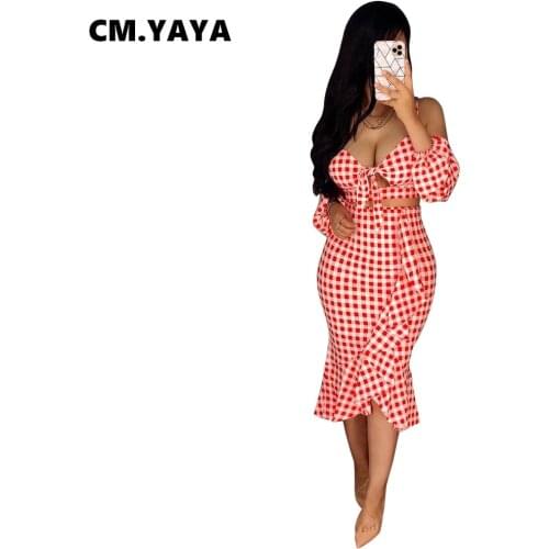 CM.YAYA Women Plaid Mermaid High Waist Skirts Set Vintage Streetwear Off Shoulder Crop Tops Matching Two 2 Piece Set Outfits