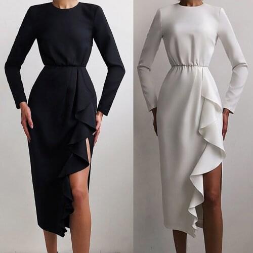 Dress Plus Size Summer Autumn Basic Women Bodycon Wrapped High Split Ruffle Sexy Dresses Elegant Party Club Evening Dinner Robe