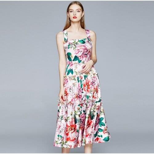 Runway Beading Petal Buttons Spaghetti Stap Dress Women Elegant Floral Printed Beach Dress Female Vacation Long Pleated Dresses