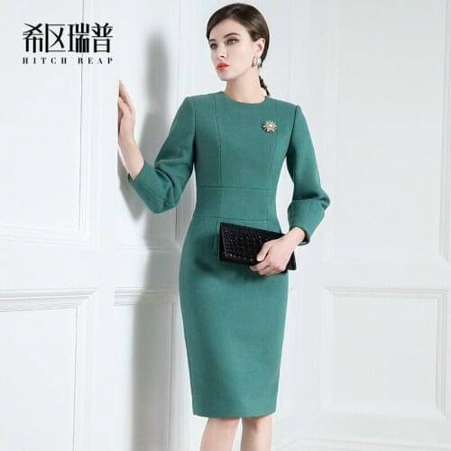 High end dress women autumn winter new temperament Wool Vintage Lantern Sleeve wool round neck medium long