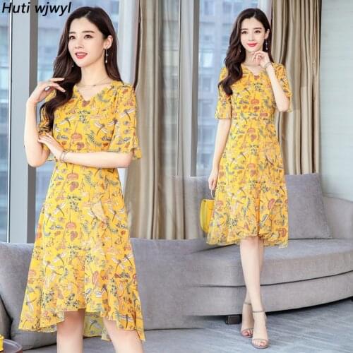 Summer Floral Chiffon Boho Midi Sundress 2021 Vintage 3XL Plus Size Yellow Print Beach Dress Women Bodycon Elegant Party Vestido