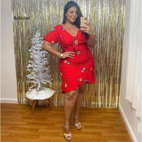 Spring Summer Women Floral Printing Party Dresses Plus Size Sexy Deep V-Neck Short Sleeve Lace-Up Bodycon Ruffles Dress