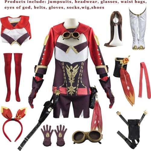 Fiery Adventure Game Genshin Impact Project Amber Red Girl Cosplay One Socks Glasses Glove Wig Shoes 10pcs Halloween Gift dress