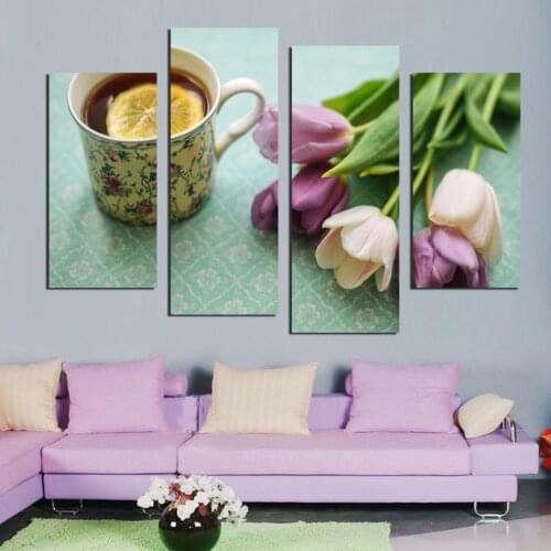 Free shipping 4 Pcs Artist Canvas Still Life painting Colour lustre flowers lemon tea Canvas Living Room home decor