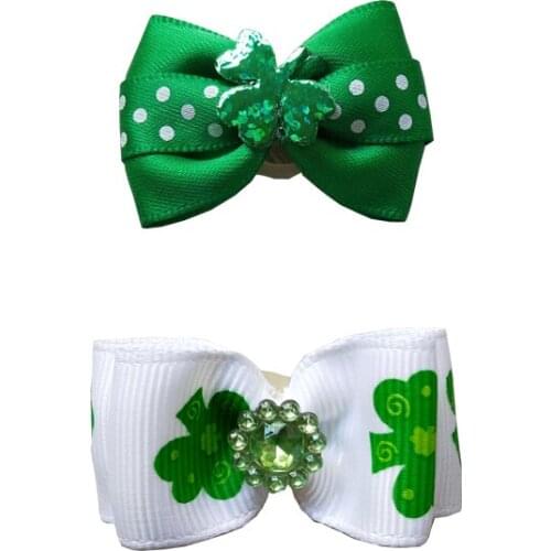 St Patricks day Style Pet Dog Hair Bows White Green Cat Dog Hiar Accessories Rubber Bands Pet Dog Holida Grooming Products