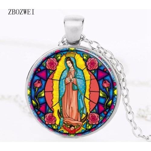 Virgin Guadalupe Necklace Virgin Mary Sacred Heart Religious Stained Glass Bezel Art Pendant Clothing Accessories Necklace