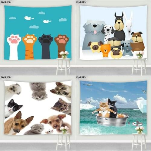 Cute Cat Dog Tapestry Childrens Bedroom Mural Screen Funny Cartoon Animal Home Decor Wall Hanging Camping Blanket Tapestries