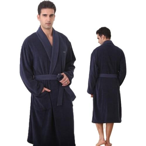 Big size bathrobe men navy blue thick robe Russia size 100% cotton terry bathrobe for men