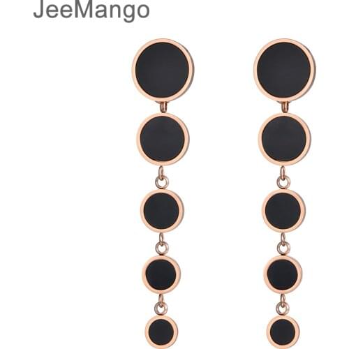 JeeMango Stainless Steel Earring Separate 5 Black Discs Stud Earrings Rose Gold Color Jewelry For Women Gift JE18449