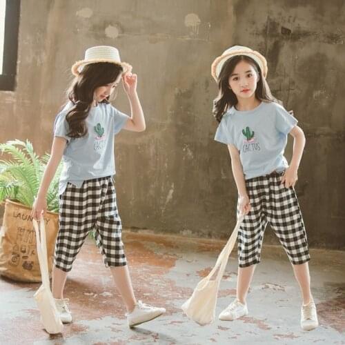Summer Girls' Clothes 2-Piece Suit T-shirt Short Sleeve Shirt +Plaid Pants 3-14Yrs Girls Clothing Sets CL402