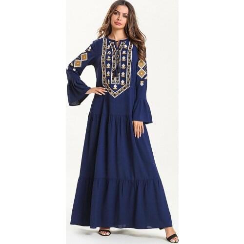 Abaya Dubai Dresses Fashion long sleeve stitching embroidered neckline tie multi-layer pleated Muslim dress Abayas For Women