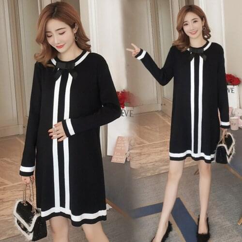 Maternity Clothes Knitted Tunic Dress For Pregnant Women Winter Pullovers Dresses Cute Bow Loose Tops Autumn Pregnancy Clothing