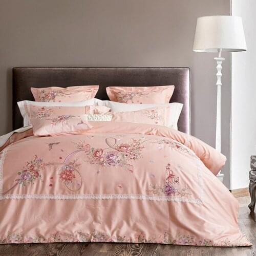 Pink Lace Edge Floral Duvet cover set Princess style Bedding Soft Tencel silk King Queen 4pcs size Bed sheet set