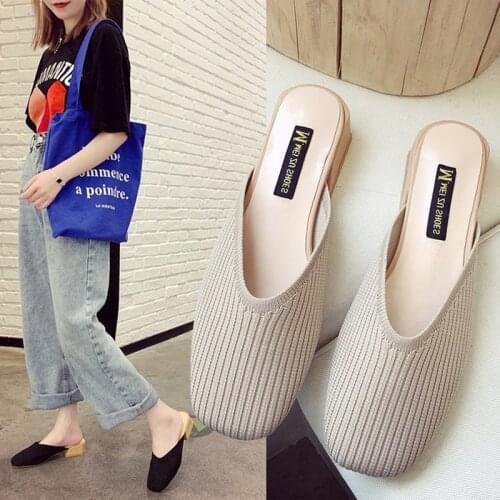 Square toe fly weave slingback sandals knitted close toe med-high heels mules women slides breathable lazy slip on slippers cozy