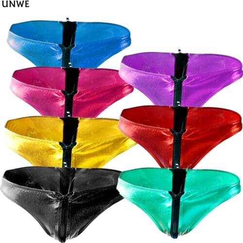 Sexy PU Leather Underwear Man Briefs Zipper Lingerie Jockstraps Stage Performance Male Underpants Shinning