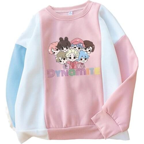 Bangtan Boys Dynamite Hoodies Autumn Winter Fleece Casual Contrast Color Patchwork Cartoon Sweatshirts Women Korean Kpop Clothes