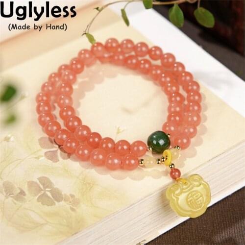 Uglyless Pretty Natural Cherry Red Agate Bracelets for Women Elastic Rope 2 Layers Beading Gemstones Bracelets Amber Beeswax