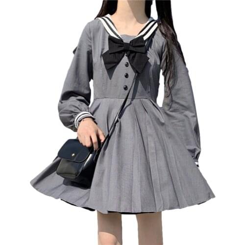 Japanese College Style Women Dress Sweet Girl Sailor Collar Bow Kawaii Short Puff Sleeve Dresses Vintage Pleated Splice Vestidos