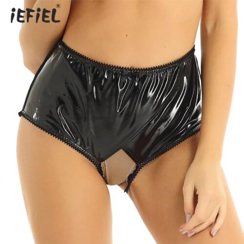 Womens Hot Wet Look Patent Leather Sissy Panties Sexy Lingerie High Waist Wrapped Sheer Mesh Spliced Crotchless Briefs Underwear