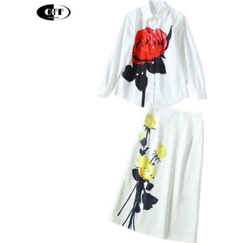 OL Floral Print 2pcs Suit Ladies Elegant White Blouse Skirt Sets EU Style Female Mid Party Suit Sets for Woman two piece set