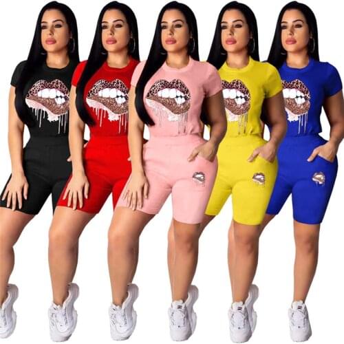 2021 Summer Tracksuit Womens Two Piece Set Casual Clothes Personality Lip Letter Print Pullover Tops Elastic High Waist Trousers