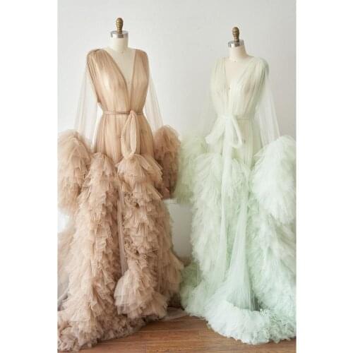 Vestido De Mulher 2020 Real Image Champagne Ruffles Tulle Long Women Dresses To Photoshoot Puffy Sleeves A-line Tulle Robe