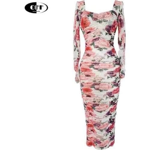 Sexy Party Night Bodycon Midi Dresses For Women Elegant Floral Printed Mesh Elastic Long Sleeve Slim Ladies Dress Vestidos Robe