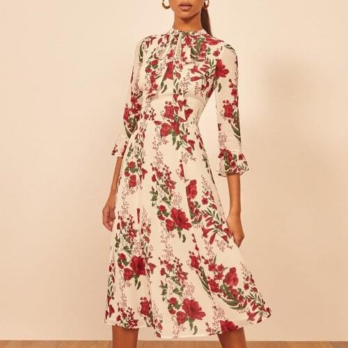 Woman Dress 2020 Spring Summer Floral Print Vintage Elegant Dress Bow Tie Neck 3/4 Ruffle Sleeve Chiffon Midi Dresses For Women