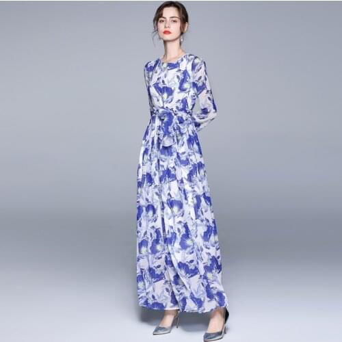 ZUOMAN Women Autumn Elegant Blue Floral Dress Festa High Quality Long Maxi Party Robe Femme Vintage Designer Chiffon Vestidos