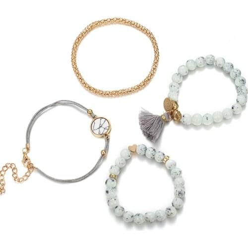 ZV 4pcs/set Natural Stone Beads Chain Bracelet Jewelry Bohemia Charm for Woman Tassel Pendant Bangle for Best Friend Gift