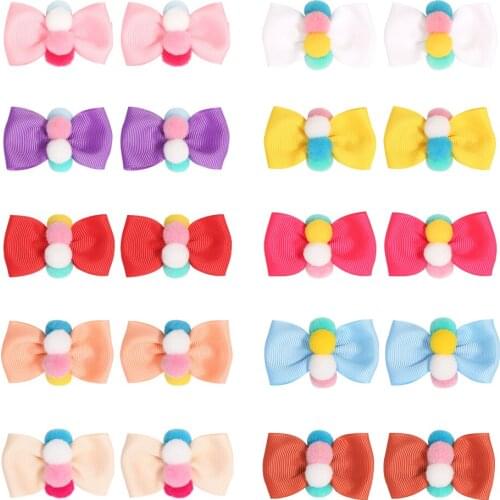 10pcs/Lot Girls Cute Grosgrain Ribbon Bow Hair Clip Candy Color Bow Hairball Pompom Hairpin Barrettes