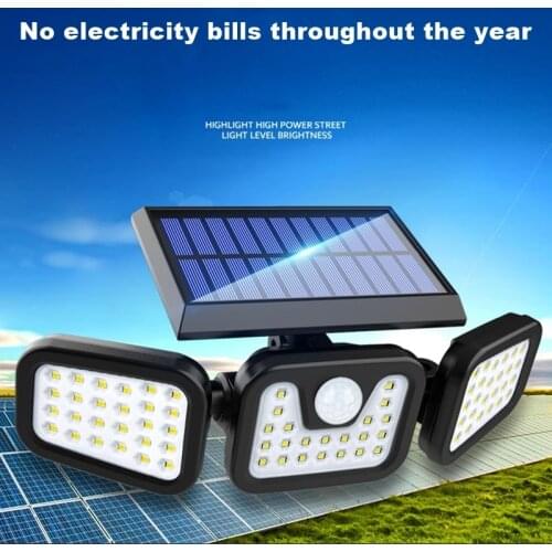 2021 108 LED Solar LED Light Outdoor 3 Head Motion Sensor Remote Control 270 Wide Angle Illumination Wall Lamp for Garden Garage