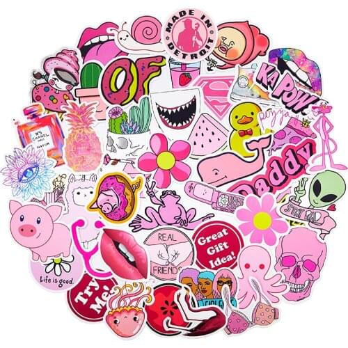 50Pcs PVC Waterproof Girls Kawaii Pink Fun Sticker Toys Luggage Stickers for Suitcase & Motor Car Fashion Laptop Decals Stickers