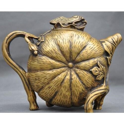 8"old China Feng shui bronze carving pumpkin Cicada makers TeaPot Pot