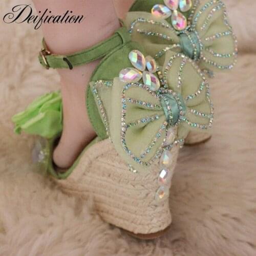 Deification Fresh Woven Sequined Summer Sandals Back Bow Tie Sapato Noiva Glitter Green Rose Flower Studded Party Wedding Shoes