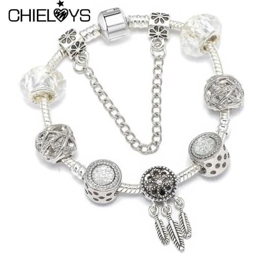 CHILOYS Silver Plated Dreamcatcher Charm Bracelets For Women Fits Original Crystal Feather Beads Bracelets Bangle Lover Gift