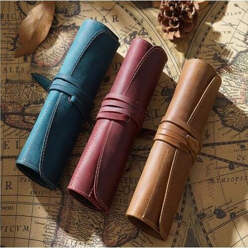 2pcs*Genuine Leather School Pencil Case Roll Pencilcase for Girls Boys Pen Bag Round Pen Curtain Multi Cowhide Penal Stationery