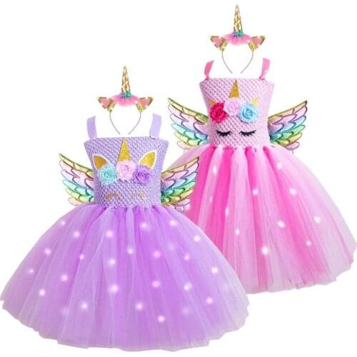 Girls Glowing Unicorn Dresses for Kids Birthday Party Princess Christmas Halloween Costume Children Ball Performance Tutu Dress