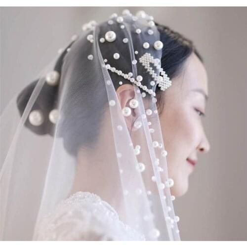 Long Bridal Veil One Layer Wedding Cathedral Length Veil With Pearls Edge Tulle Velos de Noiva Beaded Ivory NO Comb 3X3Meters