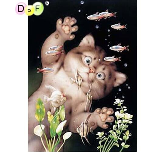 DPF 5D Round full Diamond painting Cross Stitch Diamond Embroidery Needlework cat wants eat fish diamond Mosaic decor crafts