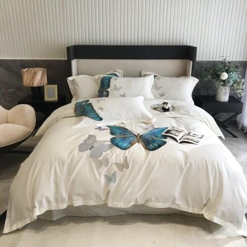 Butterfly 1000TC Cotton Bedding sets Queen King size Bed cover Embroidery Duvet cover Bed sheets/fitted sheet linen set bed set