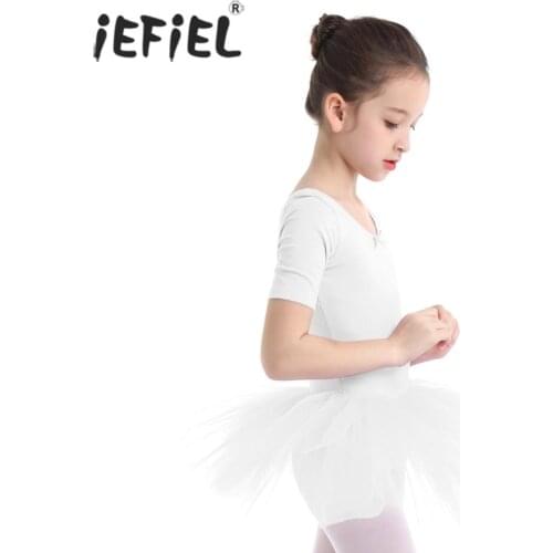 IEFiEL 2-10 Teen Childrens Short Sleeve Cotton Bow Tulle Ballet Tutu Costumes Gymnastics Leotard for Girls Elegant Ballet Dress