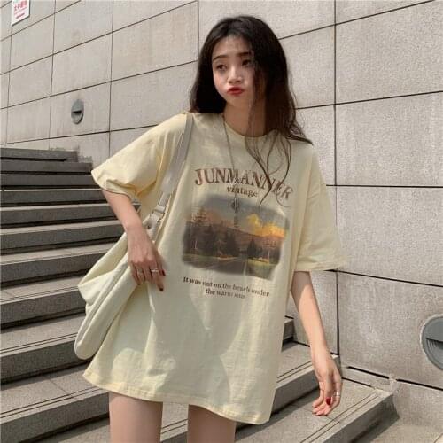 Summer loose pastoral landscape printing short-sleeved T-shirt all-match casual cute college wind jacket T-shirt women