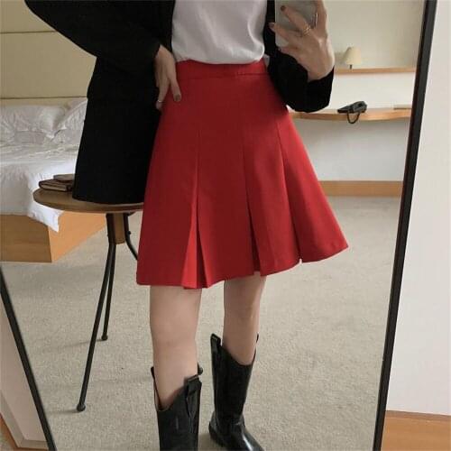 Alien Kitty Red A-Line Pleated Mini Skirts High Waist Pure Color Prom 2021 Sexy Women New Party Stylish Robe Slim Mujer Casual